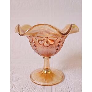 Vintage Carnival Glass Compote Daisy Catch All Candy Dish Marigold Iridescent